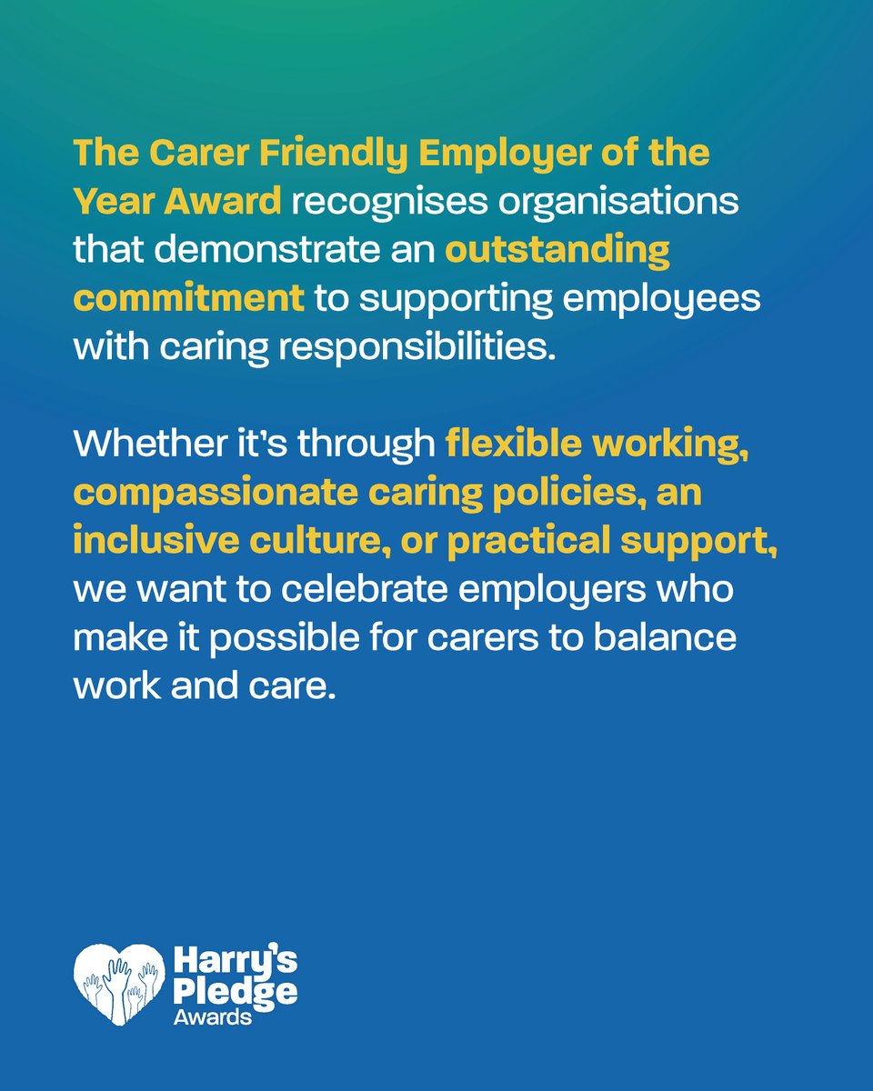 HarrysPledge's tweet photo. At the Harry’s Pledge Awards in October we’ll be naming our Carer Friendly Employer of the Year – could this be you?

Swipe to find out more about the awards and submit your nomination on our website: https://t.co/S6A0kxPuN0 https://t.co/Ibc9MWgN9m