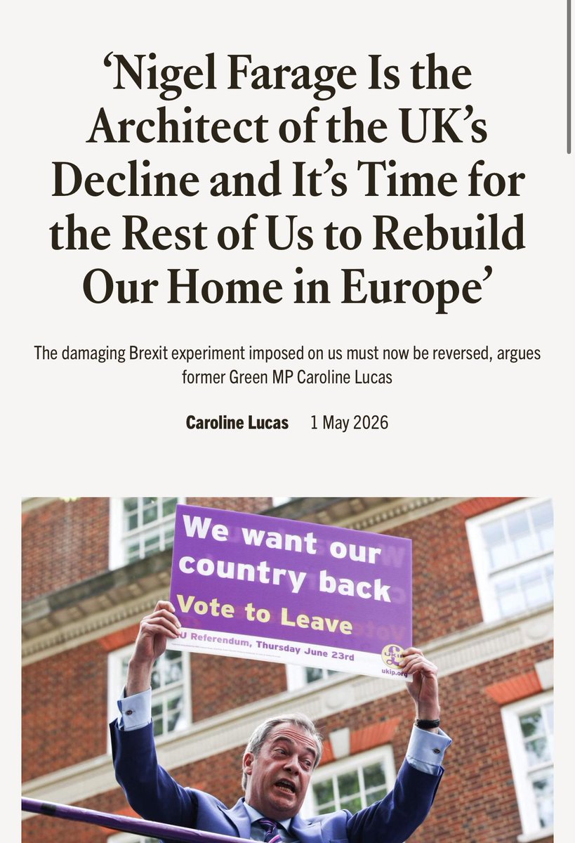 🧵 <a href="/CarolineLucas/">Caroline Lucas</a> is right.

Nigel Farage spent decades pushing Brexit.

He promised the sunlit uplands. Ten years later we have lower growth, higher costs, border chaos, and farming on its knees.

Brexit isn’t working and we must face it.