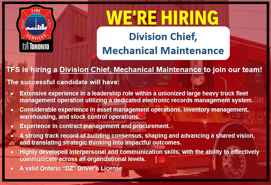 Toronto_Fire's tweet image. TFS is recruiting for the role of Division Chief- Mechanical Maintenance, accountable for leading and managing the day-to-day operations of the Mechanical Division. This posting is open until Fri May 29, 2026. For details &amp;amp; to apply visit jobs.toronto.ca/jobsatcity/job… #Toronto #JobsTO
