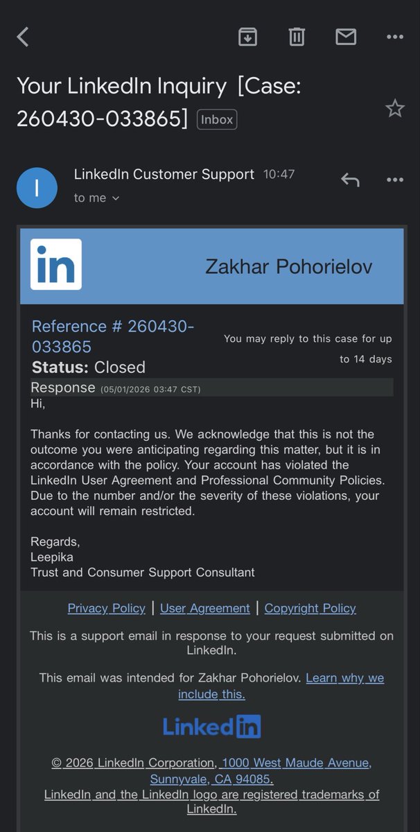 ZakharPohrielov's tweet image. @LinkedInHelp @LinkedIn 

@LinkedInHelp @LinkedIn My account is restricted by mistake. Case: 260430-033865 was closed with a bot template. I’m an entrepreneur &amp;amp; I’ve sent my ID. This is hurting my business! I need a HUMAN manager to review this ASAP. #LinkedIn #Support #Business
