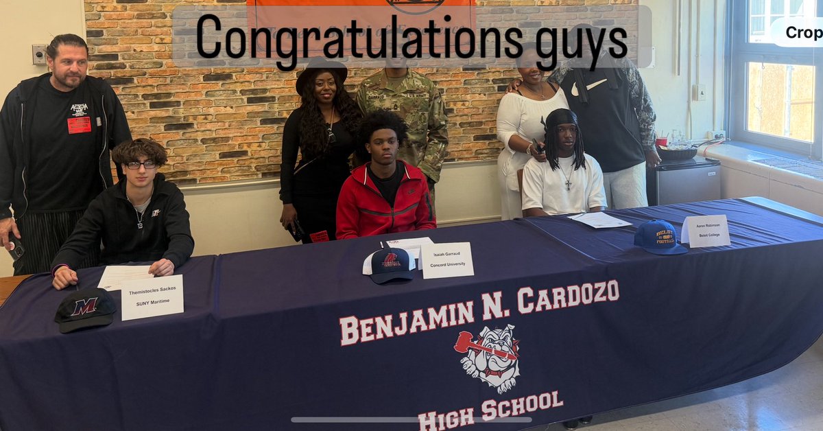 DozoFootball's tweet photo. Congratulations to this years Sr's and their commitment to play College Ball
@ThemistoclesSa3 @SUNYMaritimeFB 
@acr_9szn 
@BeloitBucsFB 
@Isaiah_Garraud2 
@ConcordFootball 

The Cardozo Football Program is happy to have you represent our School at the next level. https://t.co/gwqijNrvw7