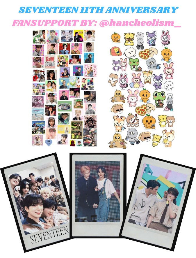 hancheolism_'s tweet photo. SEVENTEEN 11TH ANNIVERSARY 
 FAN SUPPORT BY: @hancheolism_

-  Stickers &amp; Polaroids freebie for MAY 30 (stickers for packing pa w/🍬)

- open for online &amp; onsite trades! (dm) 
- 1:1 will give randomly on d-day
- like &amp; rt are appreciated!

SEE U CARATDEUL!!
#SVT11_FOLLOWFESTIVAL https://t.co/xFS9Owfhmd