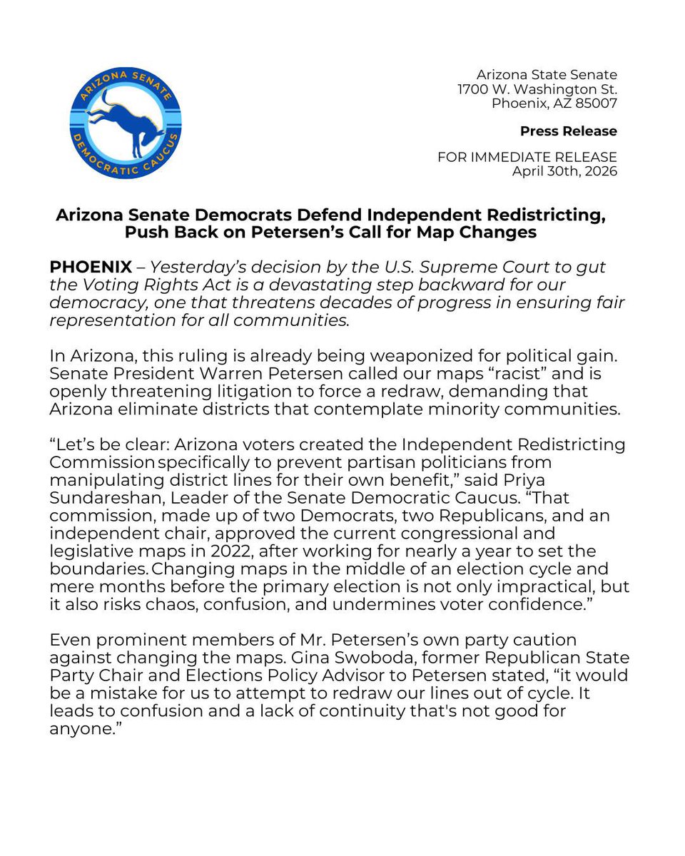 AZSenateDems's tweet photo. 🚨PRESS RELEASE: The decision by the U.S. Supreme Court to gut the Voting Rights Act is a devastating step backward for our democracy.

In Arizona, this ruling is already being weaponized for political gain. Senate President Warren Petersen called our maps “racist” and is openly threatening litigation to force a redraw, demanding that Arizona eliminate districts that contemplate minority communities.
 
Senate Democrats will not stand by while extremists attempt to roll back voting rights and undermine the will of the people. Fair maps are fundamental to a healthy democracy, and we will continue to fight to protect them.

#AzLeg #democrats #senate #votingrights
