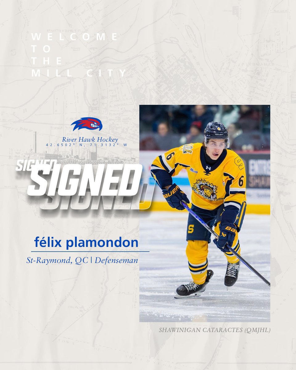 RiverHawkHockey's tweet photo. Félix joins the flock ✍️

The 6'2" defenseman from St-Raymond, QC recorded 32 points (7g, 25a) in 64 games last season with the Shawinigan Cataractes (QMJHL). Welcome to the Mill City!

#UnitedInBlue | #HockeyEast https://t.co/nYCuJNgN56