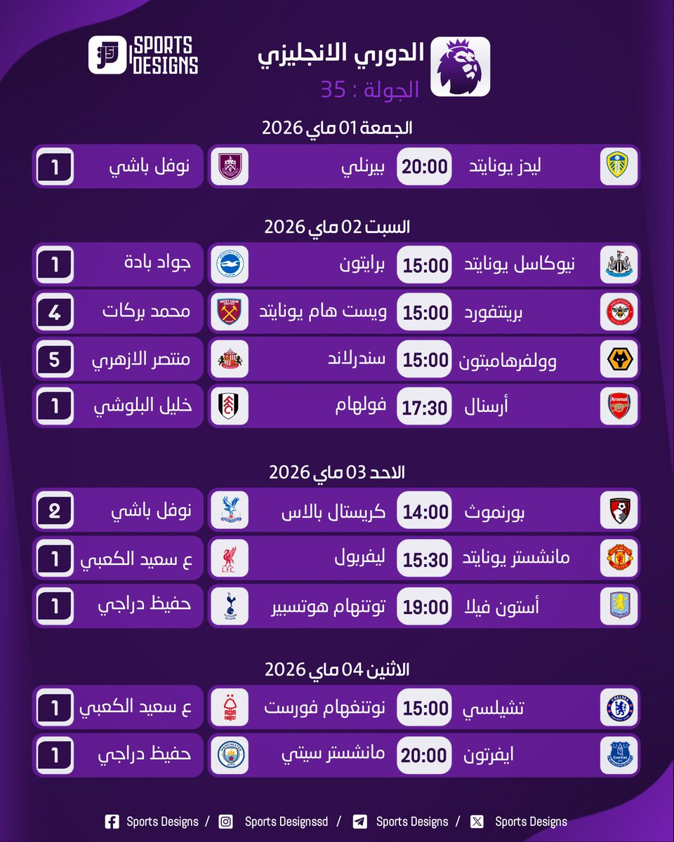 SportsDesigns5's tweet image. 🏐 | جدول مباريات الجولة : 35 | #الدوري_الإنجليزي 🏴󠁧󠁢󠁥󠁮󠁧󠁿
⏰️ | المباريات بتوقيت غرينتش+1
#PremierLeague | #الدوري_الإنجليزي
#sportsdesigns #تصاميم_رياضية
#ادعمونا_للاستمرار👌