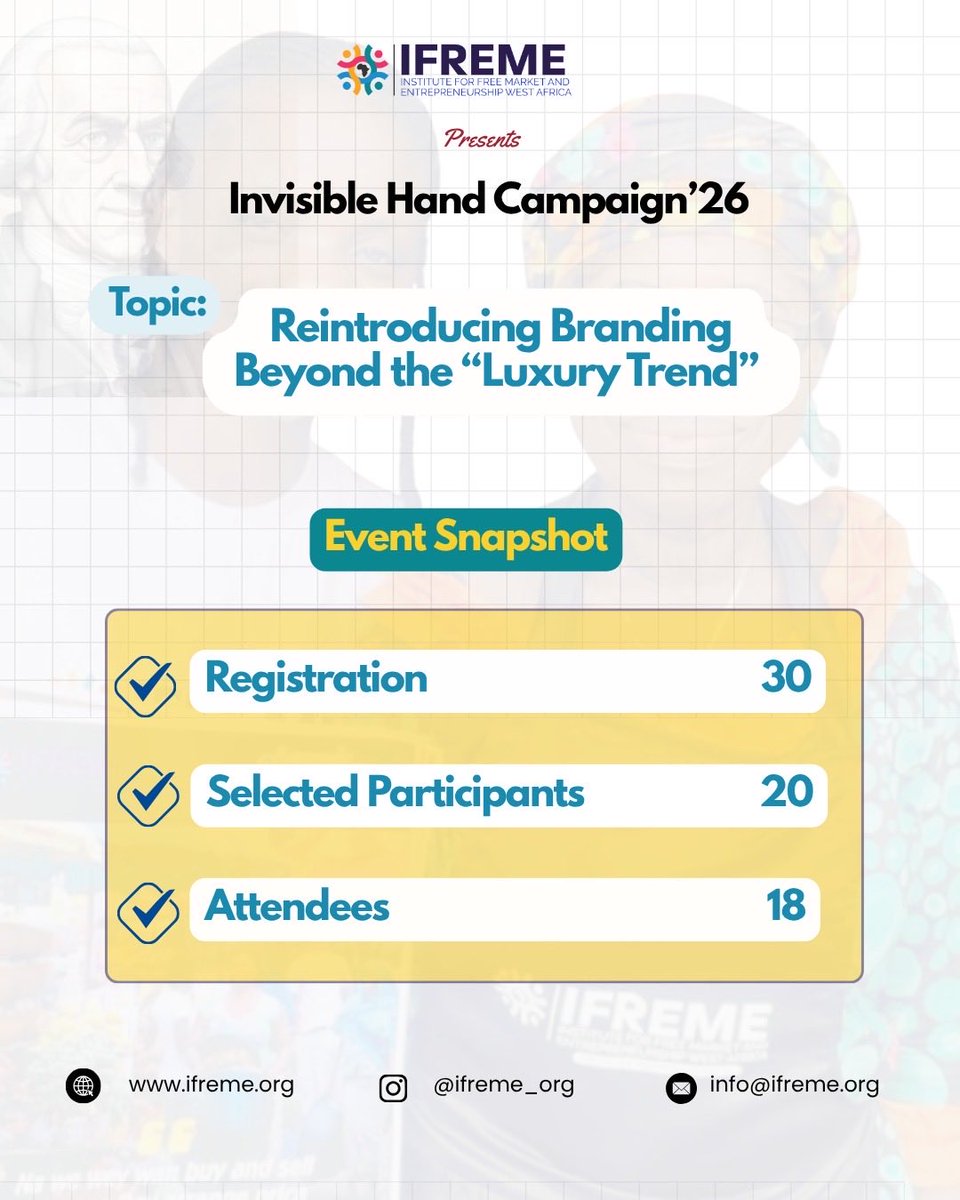 IFREMEORG's tweet photo. Invisible Hand Campaign 2026 in review 🚀
• 15+ proposals received • 3 selected &amp; funded • 130+ applications • 75 participants selected • 70+ active attendees
3 impactful webinars. One goal: advancing free-market ideas among young people.
#IFREME #InvisibleHandCampaign https://t.co/OFFYA4fpqJ