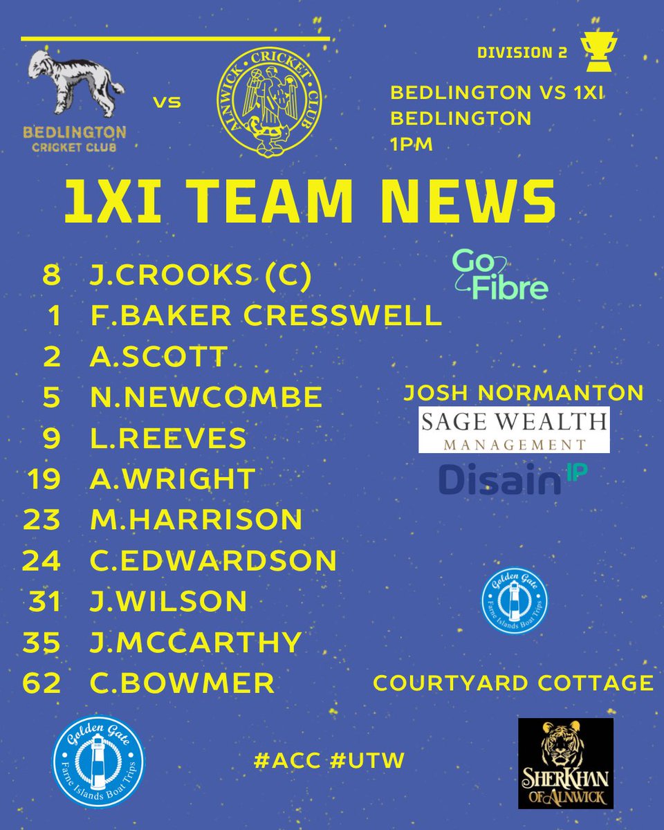 AlnwickCC's tweet image. 🚨Team News🚨

The teams are out for tomorrow’s fixtures as the 1s travel to Bedlington Cricket Club and the 2s host Wooler Cricket Club!

Good luck to Rich Hoddinott who makes his ACC debut tomorrow in the 2s!

#ACC #UTW 🔵🟡🏏