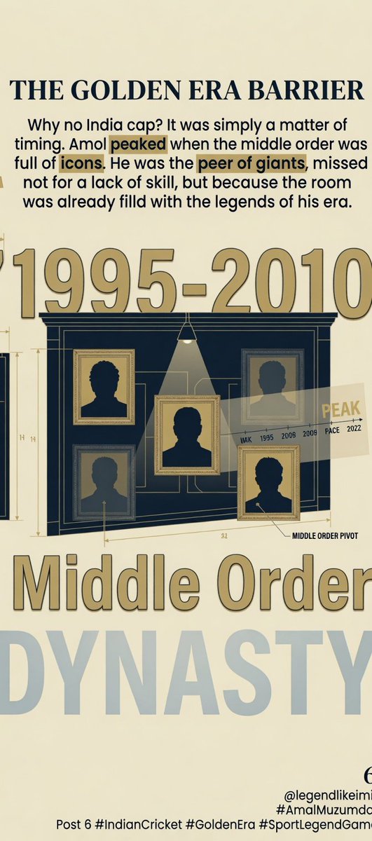 LegendLikeIm5's tweet image. 6: The Golden Era Barrier
He peaked at a time when India’s middle order was a dynasty of legends. 

A peer of giants, he missed out on a national cap not for a lack of skill, but because he was born into the most crowded era of icons.#GoldenEra #IndianCricket #SportLegendGame