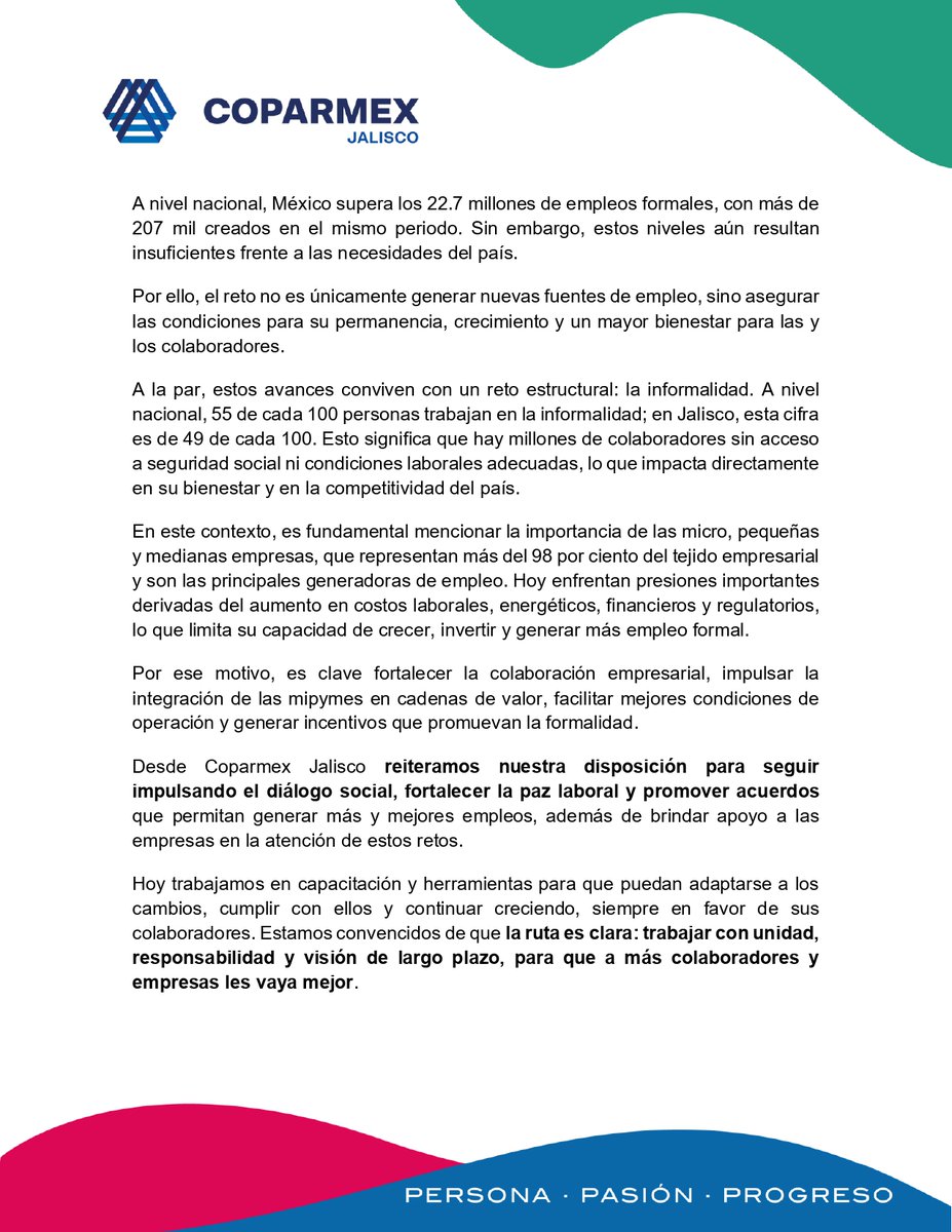 🔵 La paz laboral y el diálogo social son la base para sostener el empleo y generar estabilidad.

Jalisco hoy es 2º en empleo formal, pero el reto de la informalidad sigue presente. 

👉 Fortalecer acuerdos, dar certeza y mejorar condiciones es clave para avanzar.

#DíaDelTrabajo
