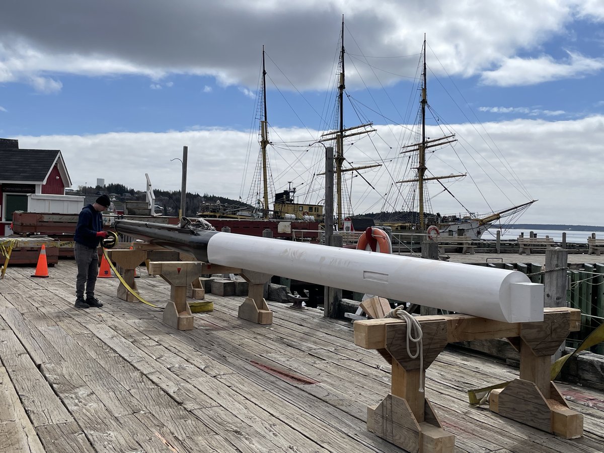 SailBluenoseII's tweet photo. Crafted by Old Town Boatworks and delivered by L.S. Veinotte, our new bowsprit is delivered and almost ready for installation! 

Keeping a working schooner sailing takes skilled hands and careful work. We're so grateful to have those people and skills right here in Lunenburg. https://t.co/ZFelaPANSl