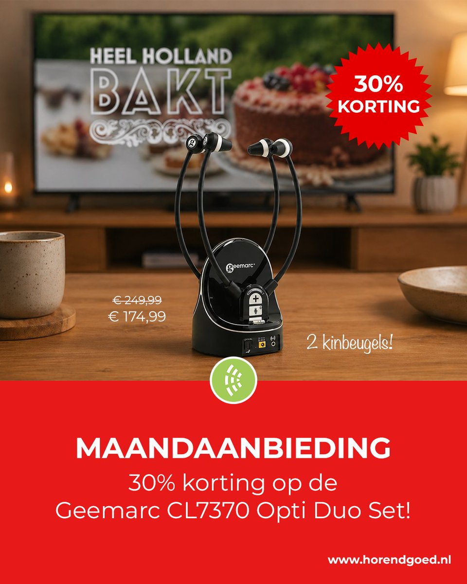 🚨 𝐌𝐚𝐚𝐧𝐝𝐚𝐚𝐧𝐛𝐢𝐞𝐝𝐢𝐧𝐠 🚨 Deze maand hebben we een prachtige aanbieding voor de televisieliefhebber: 30% korting op de Geemarc CL7370 Opti TV Duo Set! Nu van € 249,99 voor € 174,99!

De actie is geldig tot en met 31 mei 2026, op = op!

🌍 horendgoed.nl/maandaanbieding