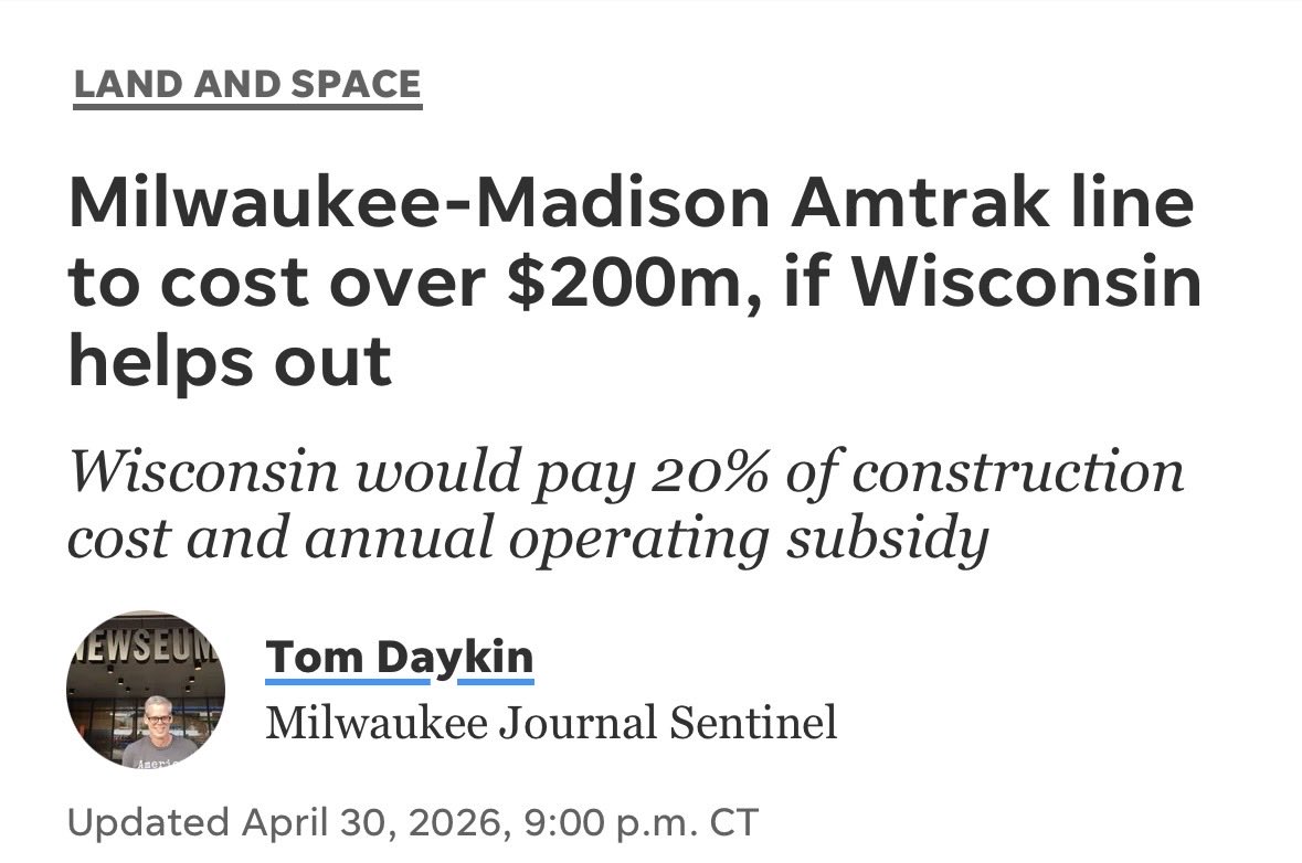 kid_riles's tweet image. Scott Walker turned down $810 million for train expansion in Wisconsin.
It cost us $50 million.

We could have connected Milwaukee to Madison and had hundreds of millions left.

The $50 million could have operated it for 20 years.

What a shame.

Fuck Scott Walker 🖕