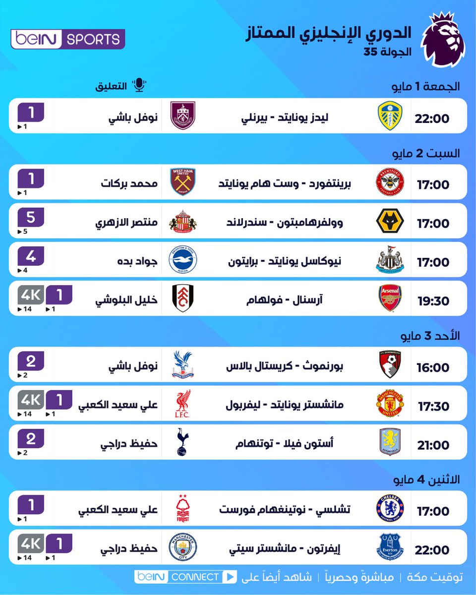 beINSPORTS's tweet image. 🤩🏴󠁧󠁢󠁥󠁮󠁧󠁿 جدول مباريات الجولة 35 من الدوري الإنجليزي الممتاز

تابعوا كل الإثارة والحماس 🔥

📦 اشترك الآن 👇

🔗 bit.ly/Leagues26
📱 wa.me/97440090000

#الدوري_الإنجليزي_الممتاز | #جدول_المباريات
#PremierLeague