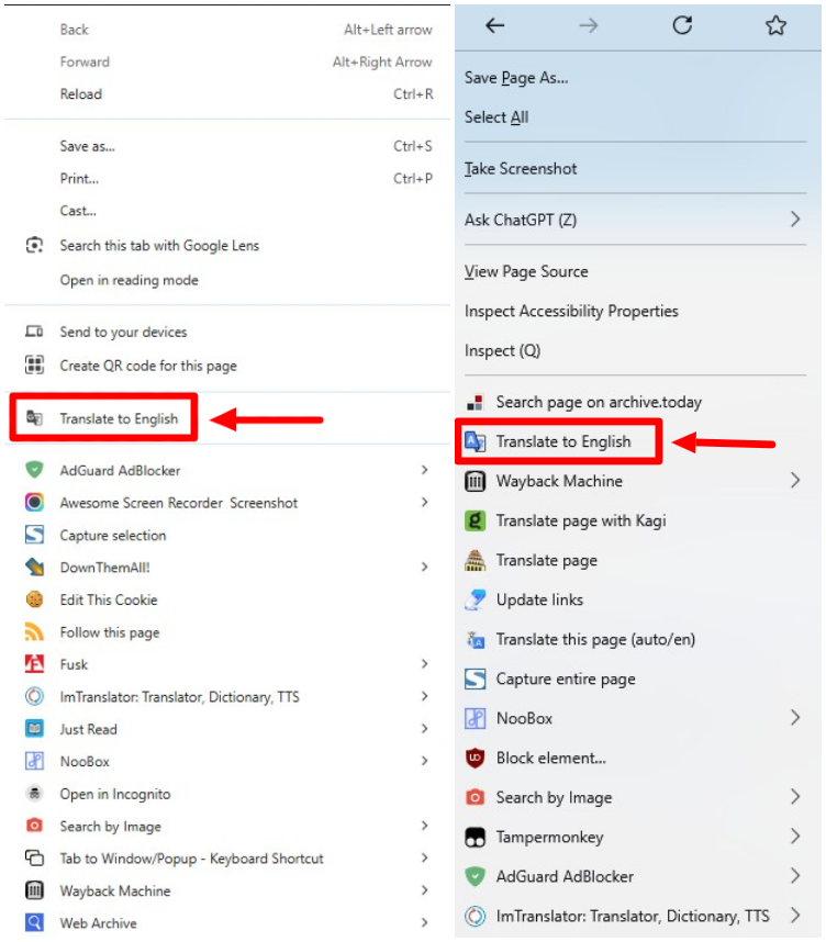 man_groove's tweet image. Google #Chrome has an excellent built-in translation feature, you can easily access it in its context menu (see left side of my screenshot). A related option in #Firefox mostly works (support.mozilla.org/en-US/kb/websi…), but I prefer addons.mozilla.org/en-GB/firefox/… for better results (right side).
