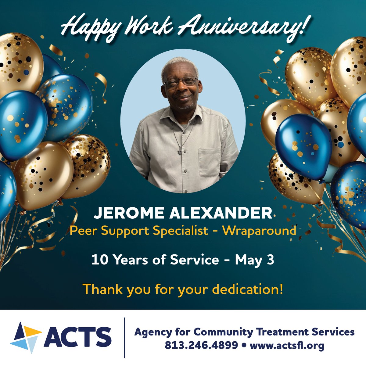 actsflorida's tweet image. 🎉 Happy 10th Anniversary at @actsflorida to Jerome Alexander! Currently a Peer Support Specialist with our Wraparound Housing Program in #Tampa, Jerome has served in different roles over the years and continues to make a difference every day. 💙 Thank you, Jerome!