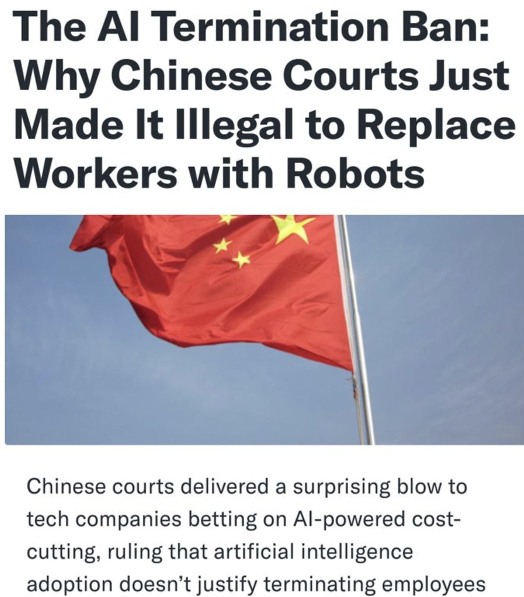 bedis_ba's tweet photo. China has ruled it is illegal to lay off an employee to replace them with robots in order to cut costs,setting a precedent in the areas of labor law &amp; AI.While this decision may be controversial,it represents a true paradigm shift and a step forward in protecting people &amp; economy https://t.co/0vPw2xFqZd