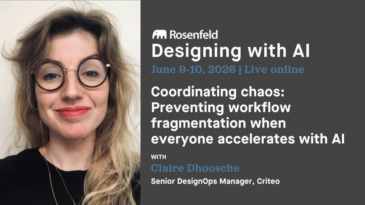 RosenfeldMedia's tweet photo. Adopting AI tools can accelerate your team...or fragment it entirely.

Claire Dhoosche, Senior DesignOps Manager, will share what she she learned about leading transformation at #DWAI2026.

Learn more: https://t.co/WiOe1YkNBs
#AIDesign #AITools #DesignOps https://t.co/0nGAyH7Ibz