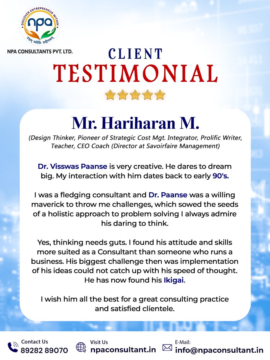 npaconsultant's tweet image. Trust Built over Years, Driven by Insight and Bold Thinking✨
Grateful for the Words of Appreciation and the Journey of Impactful Consulting and Transformation✅

📞8928289070
🌐npaconsultant.in

#ClientTestimonial #BusinessConsulting #FinancialAdvisory #NPAConsultants