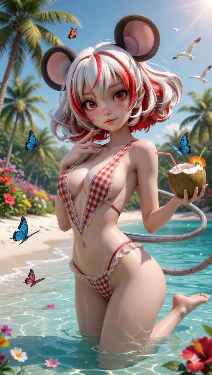 WaifuAI_Studio's tweet image. Beach life and butterfly kisses! 🦋🌴 The best way to enjoy the summer sun is with a coconut drink in hand. Who's joining me in the crystal-clear water?

#TropicalVibes #BeachDay #MouseGirl #AnimeArt