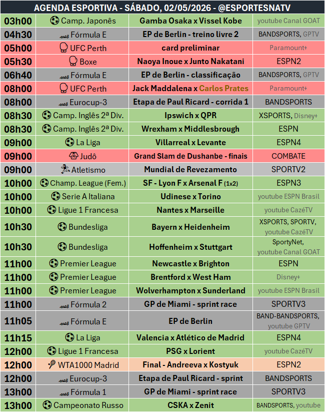 EsportesNaTV's tweet photo. A agenda esportiva deste SÁBADO (02/05/2026) https://t.co/REnbJVXAGP