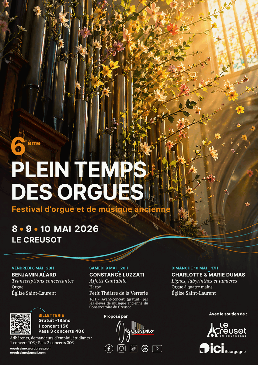 orguissimo's tweet photo. 6e Plein Temps des Orgues revient au Creusot du 8 au 10 mai 2026 ✨

Trois jours de musique entre orgue, harpe, patrimoine et création.

Au programme :

🎹 Benjamin Alard 

🎼 Constance Luzzati 

🎹 Charlotte &amp; Marie Dumas https://t.co/OiyKl7xRNi