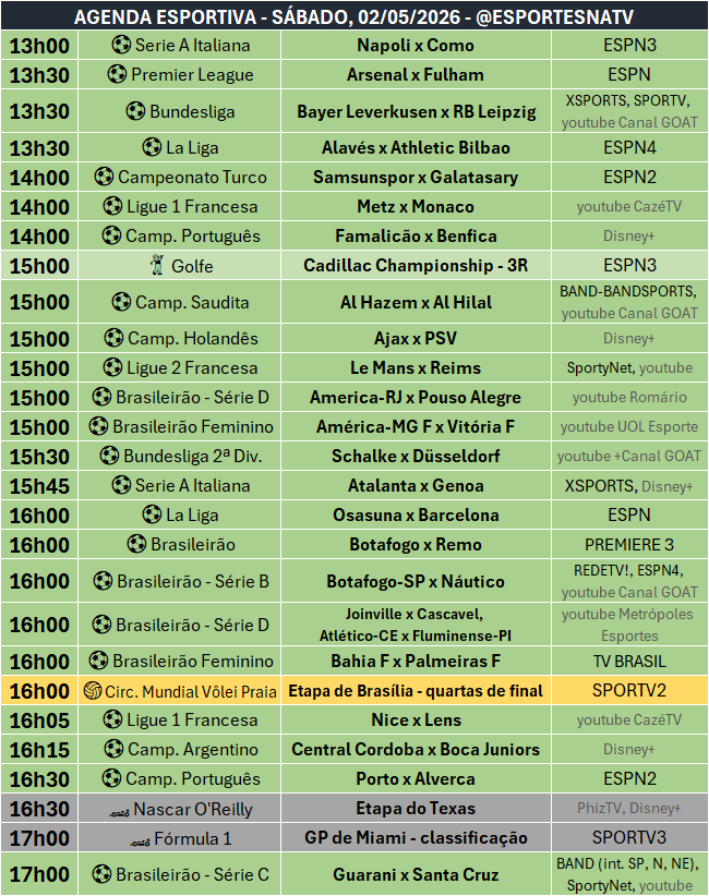 EsportesNaTV's tweet photo. A agenda esportiva deste SÁBADO (02/05/2026) https://t.co/REnbJVXAGP
