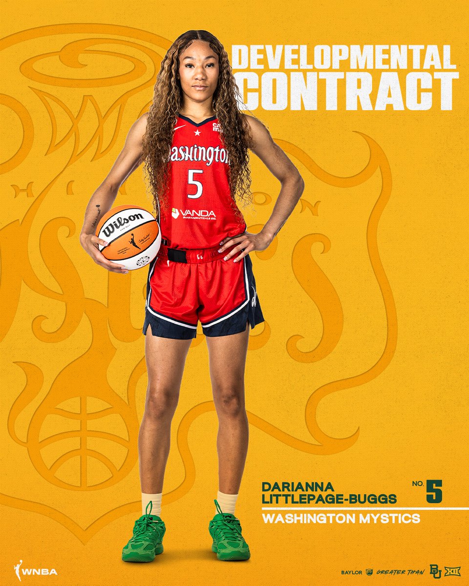 BaylorWBB's tweet photo. Developmental Contract for @DariannaBuggs22 ✍️

In addition to 12 roster players, @WNBA teams can add up to two development players who can participate in all practice sessions, travel, and can be on the active roster for 12 games. 

CONGRATS TO OUR GIRL🐞

#SicEm | #GreaterThan | @WashMystics