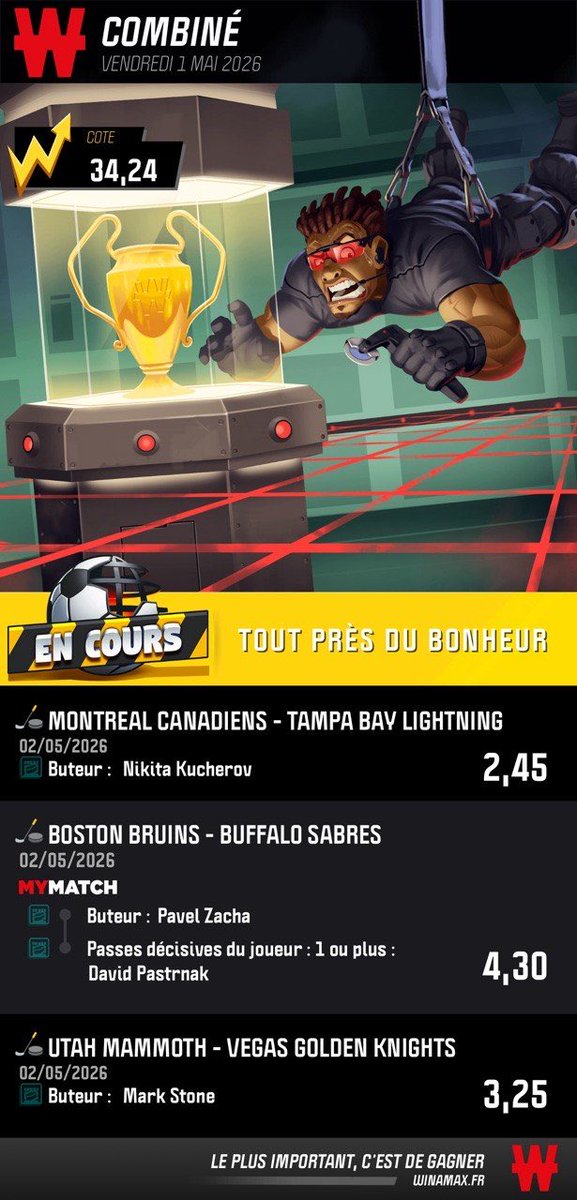 ODDEXsports's tweet image. Pas de sec aujourd’hui, j’ai fais 4 combinés dont un AHL sur betclic uniquement 🏒

~ Côte @ 31
winamax.link/oetEQ

~ Côte @ 34
winamax.link/ibcVN

~ Côte @ 38
betclic.fr/bet/8xim82r3

~ 🔞
winamax.link/ui9xT

Gérez vos mises, on connaît les PO 🤐

#NHL #AHL