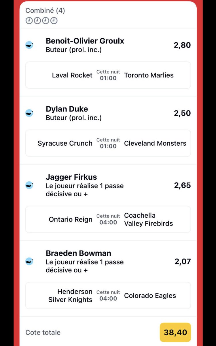 ODDEXsports's tweet image. Pas de sec aujourd’hui, j’ai fais 4 combinés dont un AHL sur betclic uniquement 🏒

~ Côte @ 31
winamax.link/oetEQ

~ Côte @ 34
winamax.link/ibcVN

~ Côte @ 38
betclic.fr/bet/8xim82r3

~ 🔞
winamax.link/ui9xT

Gérez vos mises, on connaît les PO 🤐

#NHL #AHL