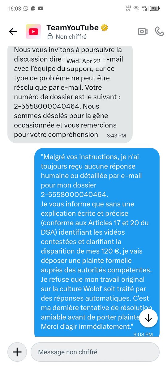 IssaDiop313's tweet photo. Est-ce normal qu’un créateur soit ignoré pendant 10 jours ? 🛑
​Ma chaîne « Wolof Histoire » est ma passion. Je crée mes propres scripts, j'enregistre ma propre voix, mais @TeamYouTube me bloque sans explication humaine. Mon dossier 2-5558000040464 est "en cours" depuis le 23/04. https://t.co/eHWYZGH8oj