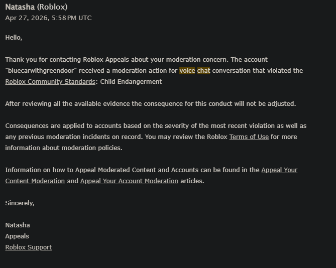 AdamR0311's tweet photo. @Roblox @SharkBloxYT @Chaseroony Hey roblox you banned me for child end*****mnt and im in the age group 18+ and i only talk to people my age and older how does this ban make sense? what did i even say? you falsely banned me and i want my account back please. BlueCarWithGreenDoor https://t.co/jNsqSJQwyk