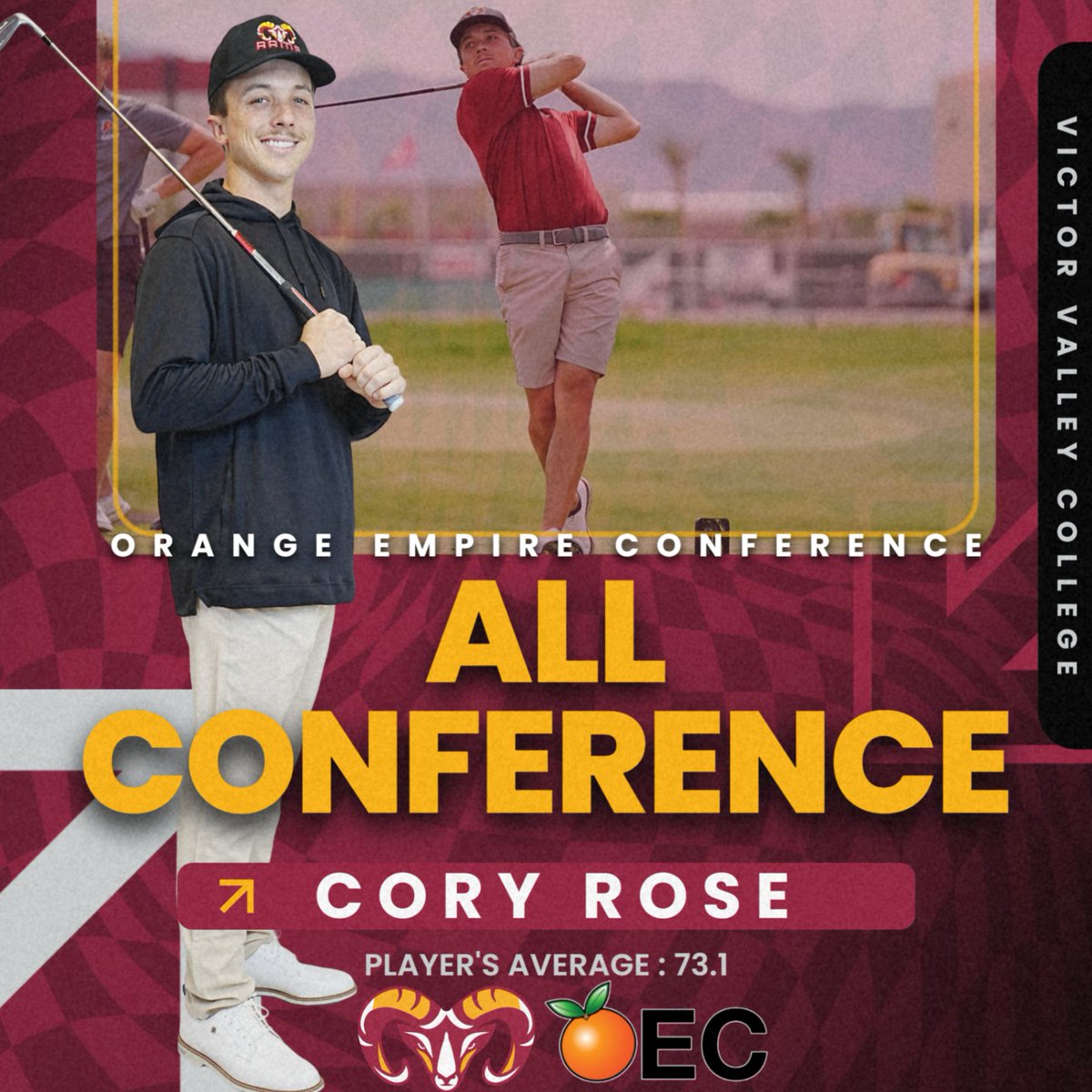 VVC_RAMS's tweet photo. ⛳️ All‑Conference Rams!
Congratulations to Cory Rose and Brady Fonville on being named Orange Empire Conference All‑Conference selections.
🔹 Rose averaged 73.1
🔹 Fonville averaged 73.7
#RamsGolf #VVCAthletics #OEC #allconference #HornsUp🤘 https://t.co/fnbKGHAJby
