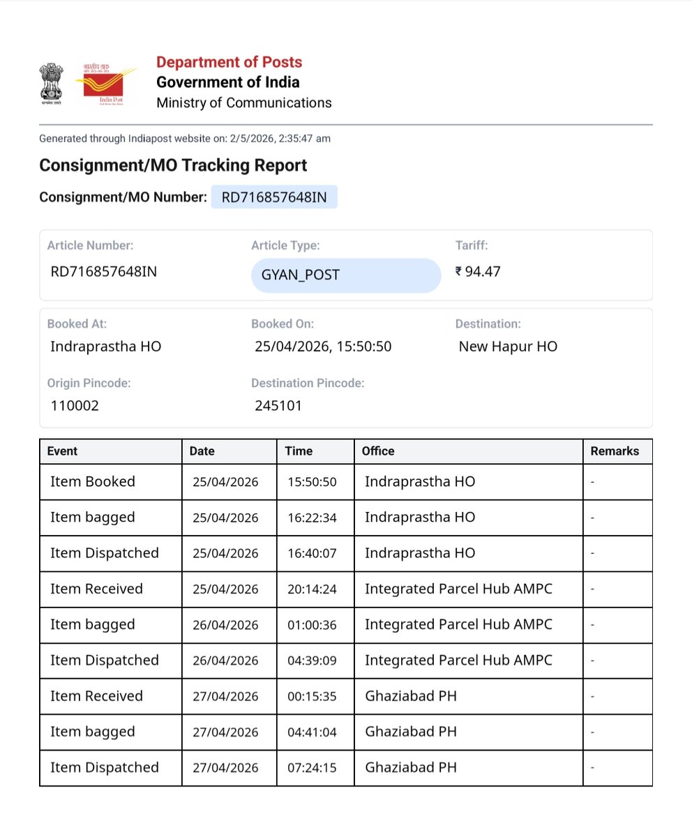 masihullha's tweet image. @IndiaPostOffice  Article No: RD716857648IN 
I booked on 25/04/2026 is still not delivered. No tracking update for last 6 days. I have exams very soon and urgently need these books. Please resolve this issue at the earliest

Location: Hapur, UP
#GyanPost #IndiaPost #Delay #Urgent
