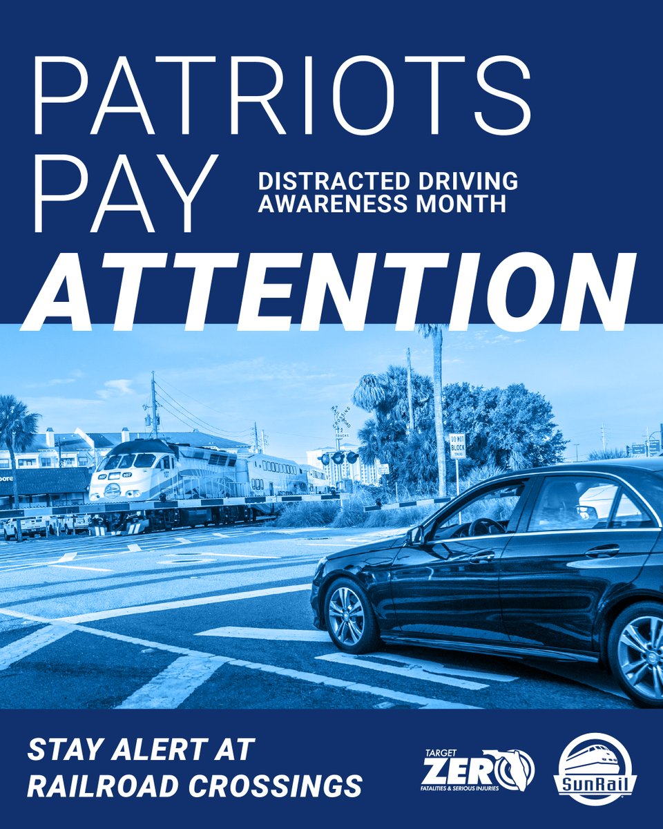 RideSunRail's tweet image. Patriots pay attention 🇺🇸

That means stopping behind the white stop bar when railroad signals activate and staying focused behind the wheel. 

Distraction is preventable. Make the safe choice. 

#DistractedDrivingAwarenessMonth #RailSafety #TargetZero