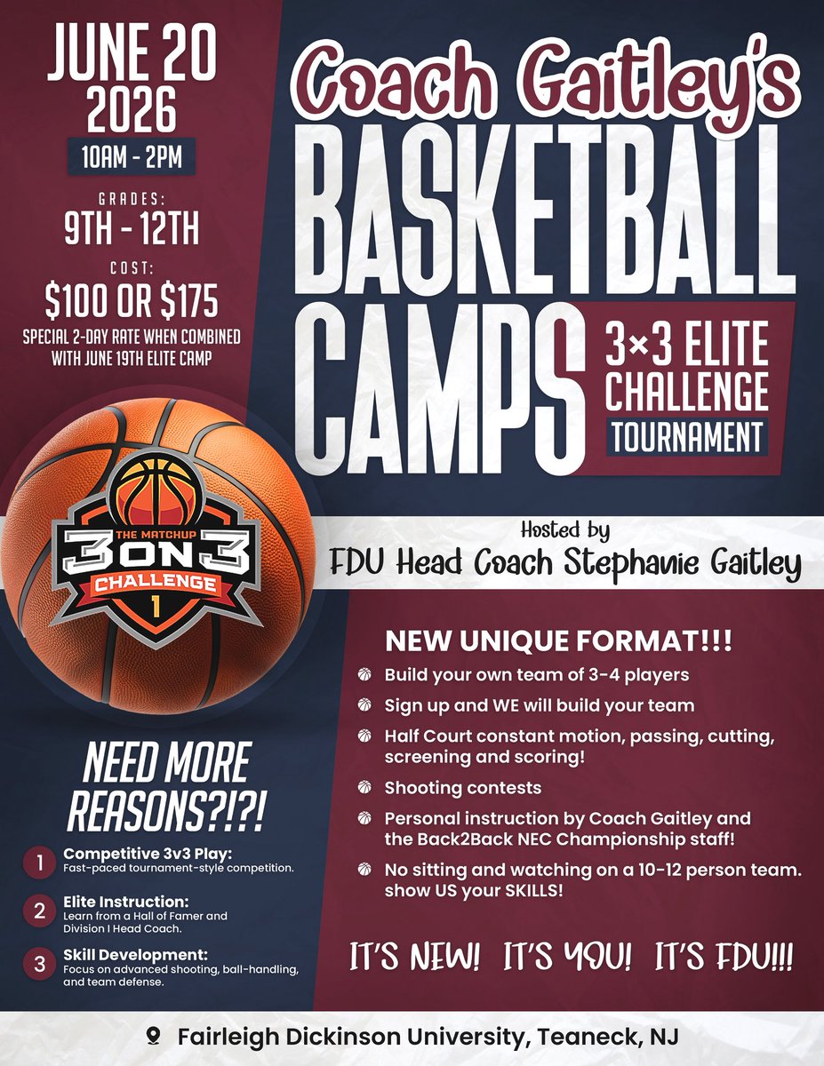 CoachJThompson's tweet photo. Train with the 🐐 Coming off Back 2 Back undefeated NEC seasons, @Coachgaitley is bringing a NEW 3x3 format to FDU! This isn't just a camp-it’s a high-intensity chance to get evaluated
🗓️ June 20th
👧 Girls Entering Grades 9-12
Lock in your spot here: https://t.co/19vCEOYu7F https://t.co/ivBLn6Kq9Q
