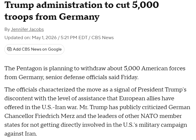 ILRedAlert's tweet photo. The Pentagon plans to withdraw about 5,000 U.S. troops from Germany, CBS reported, citing officials, in a move linked to President Donald Trump’s frustration over European support in the U.S.-Iran war. https://t.co/N0QXdVC0Wi