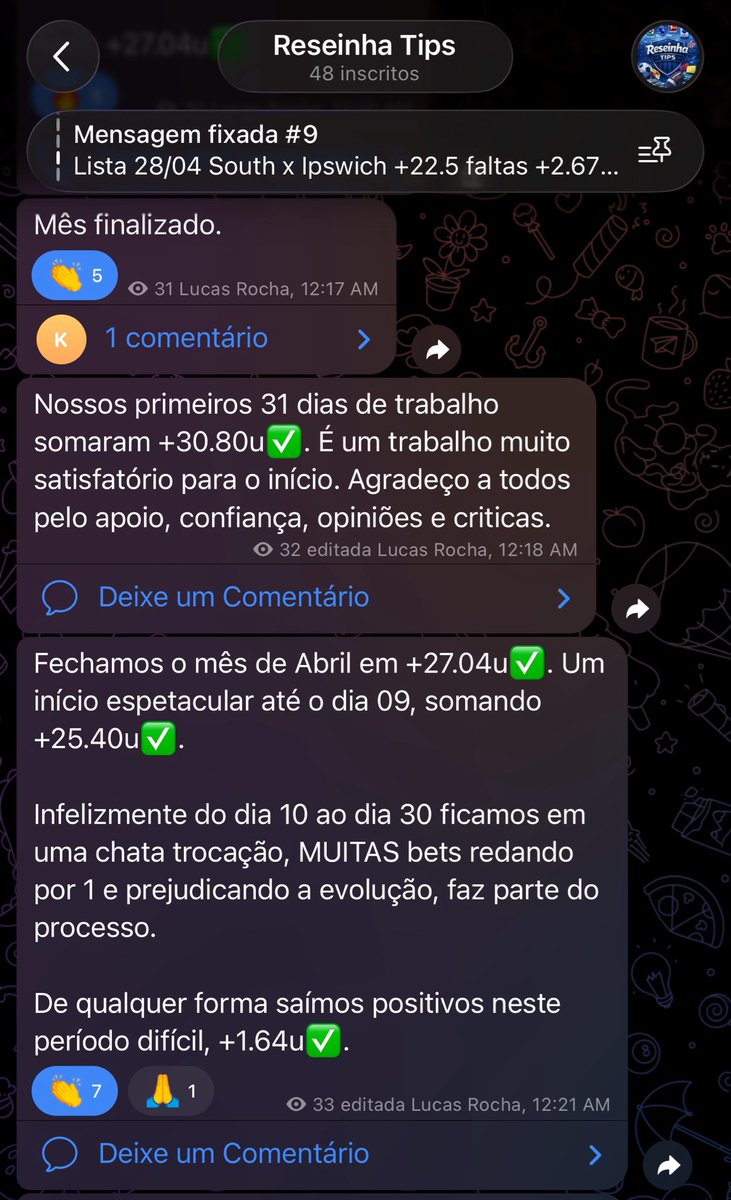 ReseinhaTips's tweet photo. Mês de Abril finalizado no canal. Entregamos um bom resultado mas ainda longe do que buscamos. Maio é trabalhar mais para melhorar a entrega. 

+27.04u✅ no primeiro mês de grupo 100% gratis. 

Vem pro Reseinha Tips
https://t.co/30Ifk1ALjx https://t.co/K7hzOk2rea