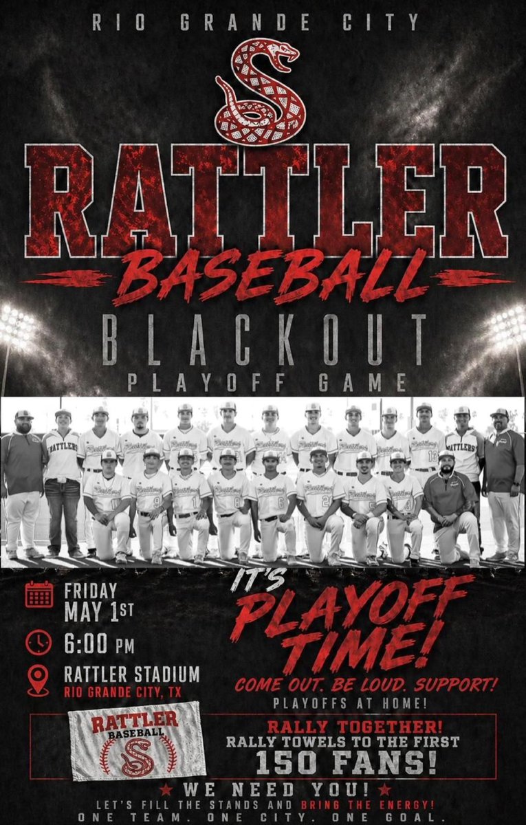 RGCBaseball's tweet photo. Rattler Nation ⚫️
It’s playoff time at home.
Wear black, pack the stands, and get LOUD. 🐍⚾💪
#RattlerPride https://t.co/ZOWyMmcd38