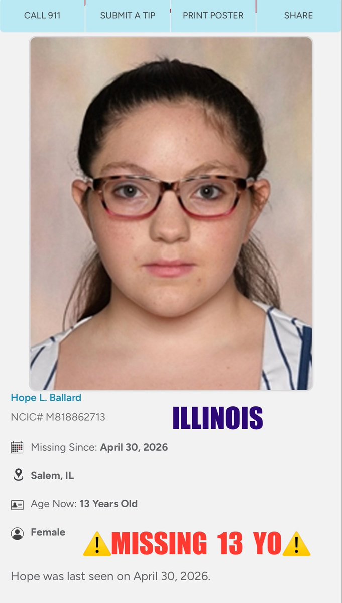 Ohio1ShyGirl's tweet image. #ILLINOIS    #HopeLBallard, 13  #MissingChild ‼️Please Share‼️  #MissingPerson  #MissingPeople  ☎️Marion County Sheriff's Office (IL) (618) 548-2141    missingkids.org/poster/NCMC/20…