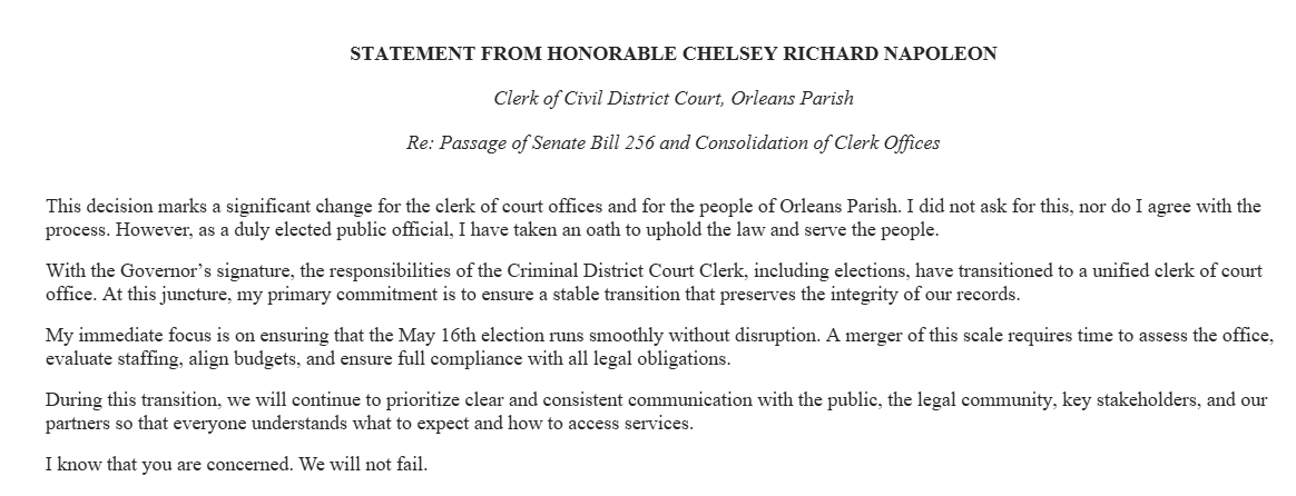 Ashley_WGNO's tweet photo. Today, Governor Landry signed SB 256 merging New Olreans Civil and Criminal Clerk of Court offices. Honorable Chelsey Richard Napoleon released a statement following the signing. @WGNOtv https://t.co/3EJI5YiU0g