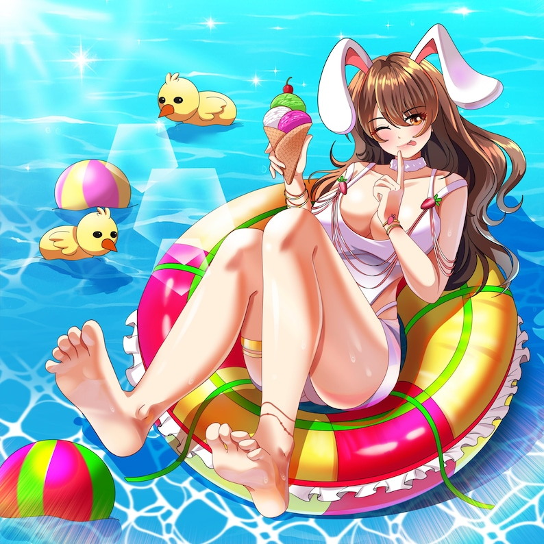 minta_767's tweet image. Mina is a guardian of Crystal Cove, a deity of the Lagoon Lepus clan who must spend the summer solstice in the water to absorb solar energy. She maintains the islands' vibrancy while using a "Frost Charm" ice cream cone to regulate her internal temperature.
#TropicalVibes #Beach