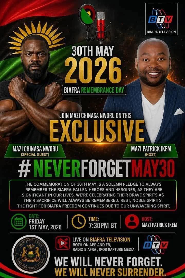 Many of you that supported criminality in Biafraland against the directive of DOS are today shameless and still attacking this leadership. All of you came to destroy IPOB and failed. 

Mazi Chinasa Nworu
 Radio Biafra FWPI 01-05-2026