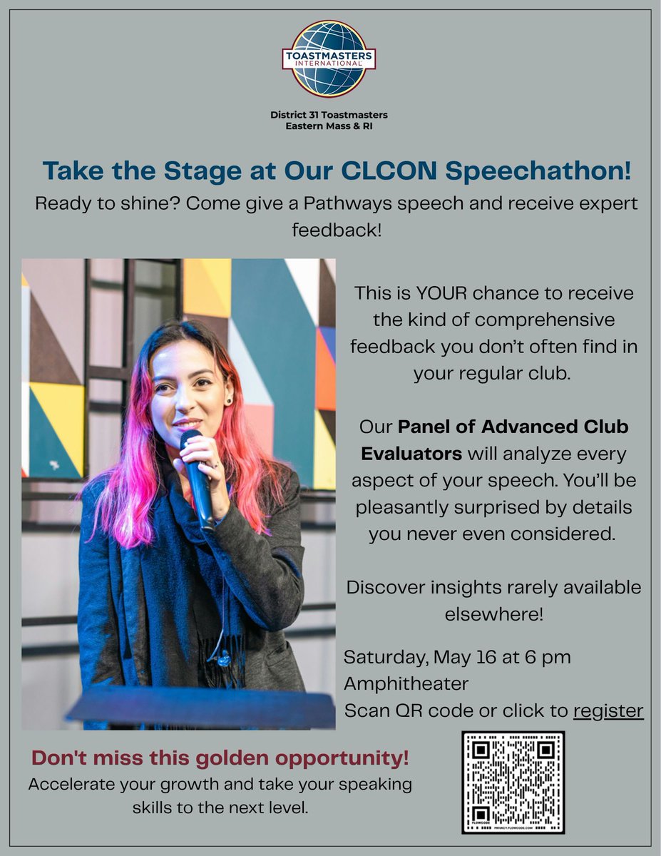 D31Toastmasters's tweet photo. Take the BIG stage on May 16th at CLCON 2026, District 31's Annual Conference !

Jump on this chance to get expert feedback from Advanced Toastmasters.

Sign up TODAY by using the QR code below! https://t.co/lP450IDCMm