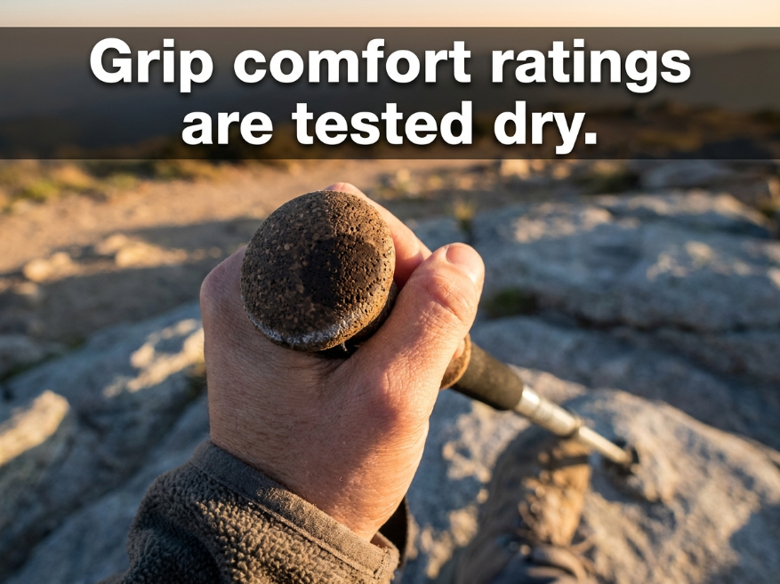 the_hking's tweet photo. 🥾 Pole grip "comfort" ratings don't measure sweat absorption. Cork wicks ~0.8g of moisture per hour of contact; foam retains it. Rubber grips seal — your hand slides after 2 hours regardless of how cushioned they feel in the store. #TheHikingTribe #HikingGear https://t.co/5eDoqgVCs9