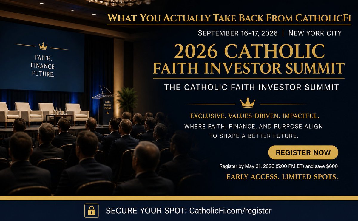 CatholicFi's tweet photo. What if your investments didn’t just grow wealth—but also reflected your values?

The 2026 Catholic Faith Investor Summit is bringing together bishops, CIOs, foundation leaders, and financial experts to explore values-aligned investing rooted in Catholic Social Teaching.

This is more than a conference—
It’s a movement toward ethical stewardship, meaningful impact, and faith-driven leadership.

📍 New York City
📅 September 16-17, 2026

Join leaders shaping the future of faith-based investing—where financial returns and spiritual purpose go hand in hand.

 Learn more & register: https://t.co/5YwrDOd21H

#CatholicInvesting #FaithAndFinance #InvestWithPurpose #CatholicSocialTeaching #Stewardship #CFIA2026 #ImpactInvesting