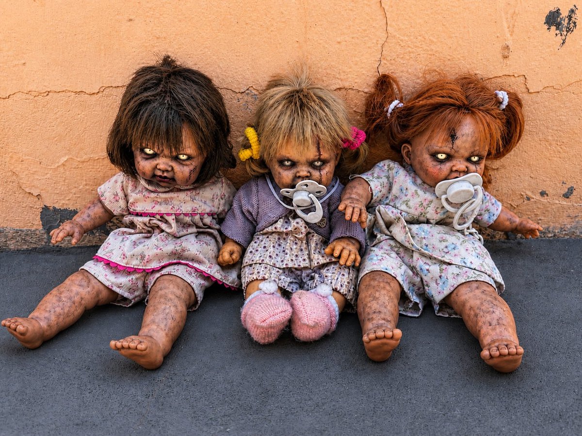 iclaudius's tweet photo. Walking up the street with TJ, I saw an old woman setting these dolls up on this little ledge behind the elementary school. They've been there all day. No one's touched them. https://t.co/z7En0vsRAu