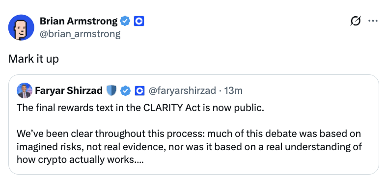 Xfinancebull's tweet image. JUST IN 🚨🚨🚨 The single biggest obstacle blocking the CLARITY Act JUST GOT RESOLVED!

And Brian Armstrong responded with two words: "Mark it up."

Senators Tillis and Alsobrooks reached a deal on stablecoin yield. The final rewards text is now public. 

After months of