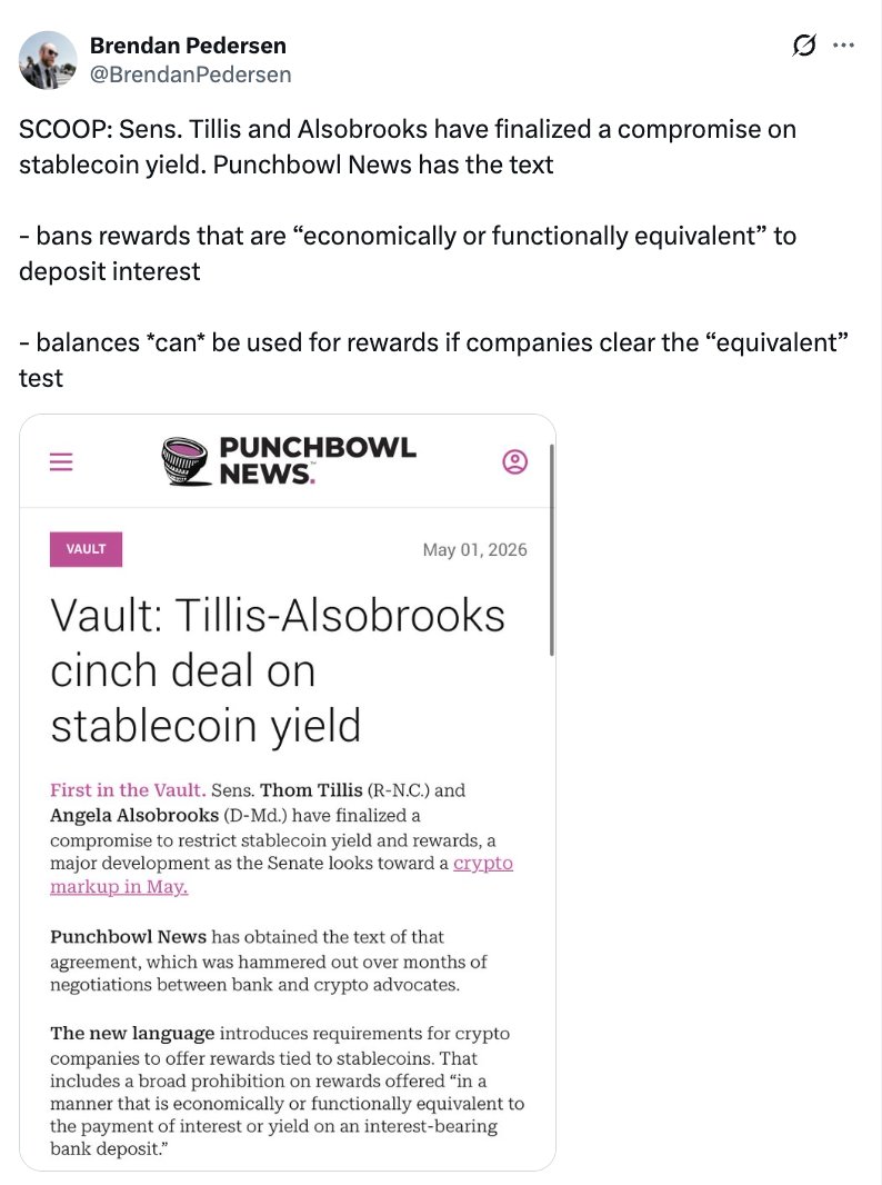 Xfinancebull's tweet image. JUST IN 🚨🚨🚨 The single biggest obstacle blocking the CLARITY Act JUST GOT RESOLVED!

And Brian Armstrong responded with two words: "Mark it up."

Senators Tillis and Alsobrooks reached a deal on stablecoin yield. The final rewards text is now public. 

After months of