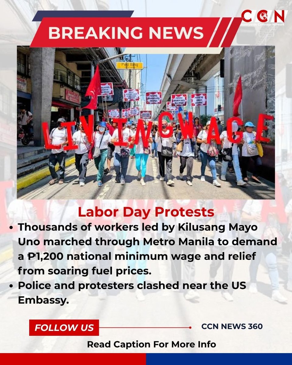 CCNNews360's tweet image. Heavy protests in Metro Manila today as thousands demand a ₱1,200 minimum wage and lower fuel costs. 📢 Clashes reported near the US Embassy after police blocked a march protesting the Iran conflict. Several officers injured;  #Manila #Philippines #Protest