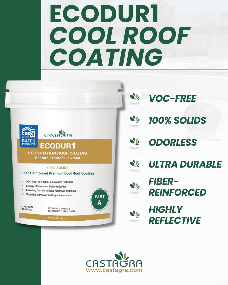 castagra's tweet image. 🔹VOC-free
🔹100% Solids
🔹Odorless
🔹Ultra Durable
🔹Fiber-reinforced
🔹Highly Reflective

Learn more about Ecodur1 Cool Roof Coating at castagra.com

**Also available in Patch &amp;amp; Repair Kits for quick and easy repairs!

#roofing #roofcoating #roofrepair